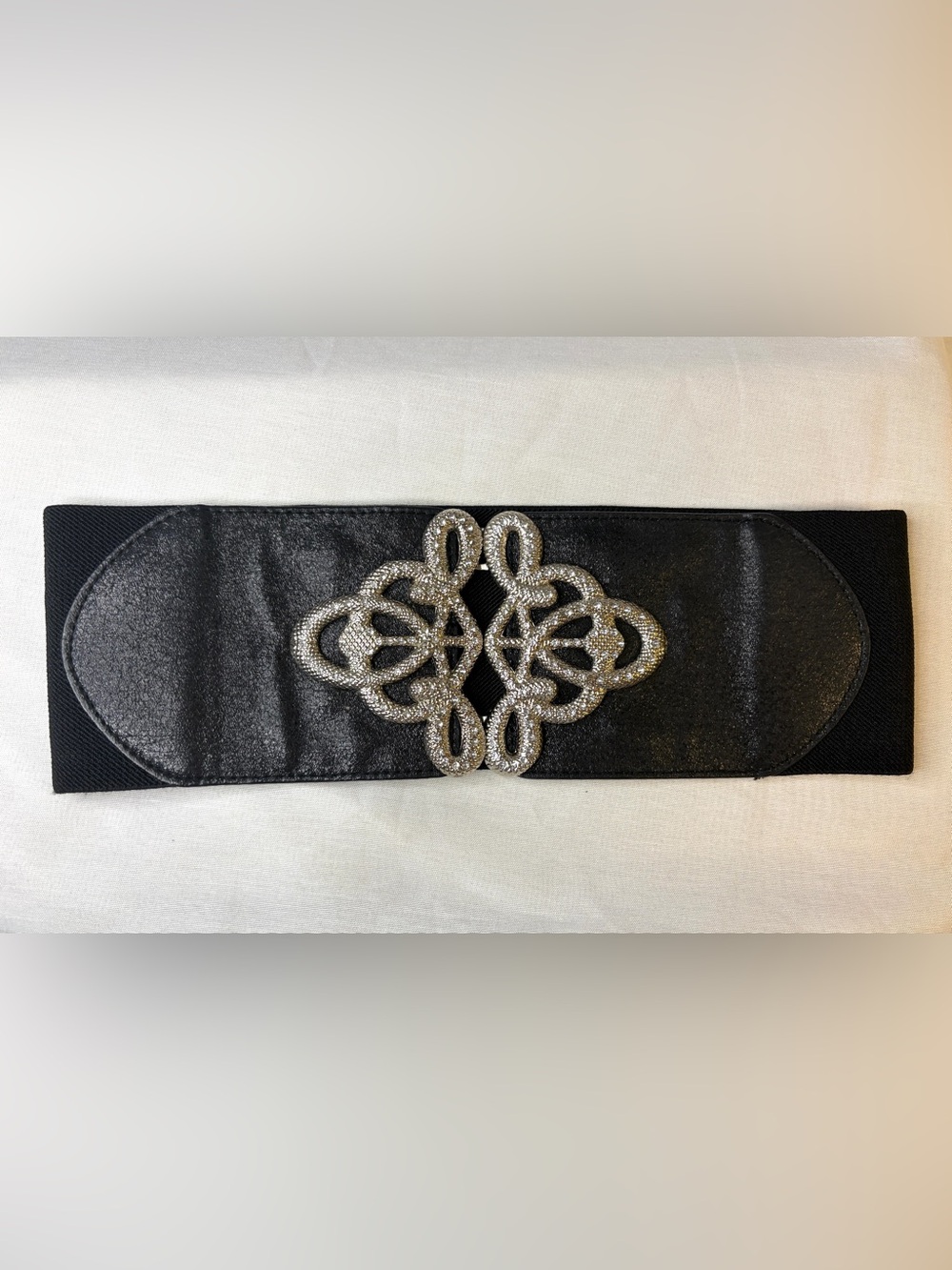 Suzy Shier Black Wide Elastic Belt w/ Silver Celtic Knot Buckle | S/M